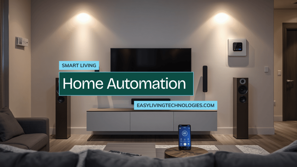 Smart home automation devices and floor plans laid out on a desk for a Charlotte, NC home installation project.